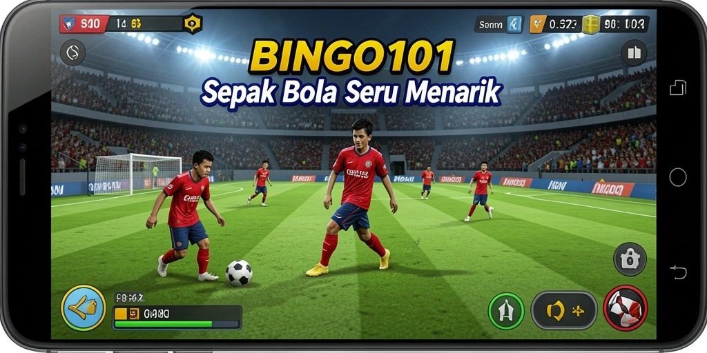 Tampilan gameplay BINGO101 menampilkan aksi sepak bola yang mendebarkan.