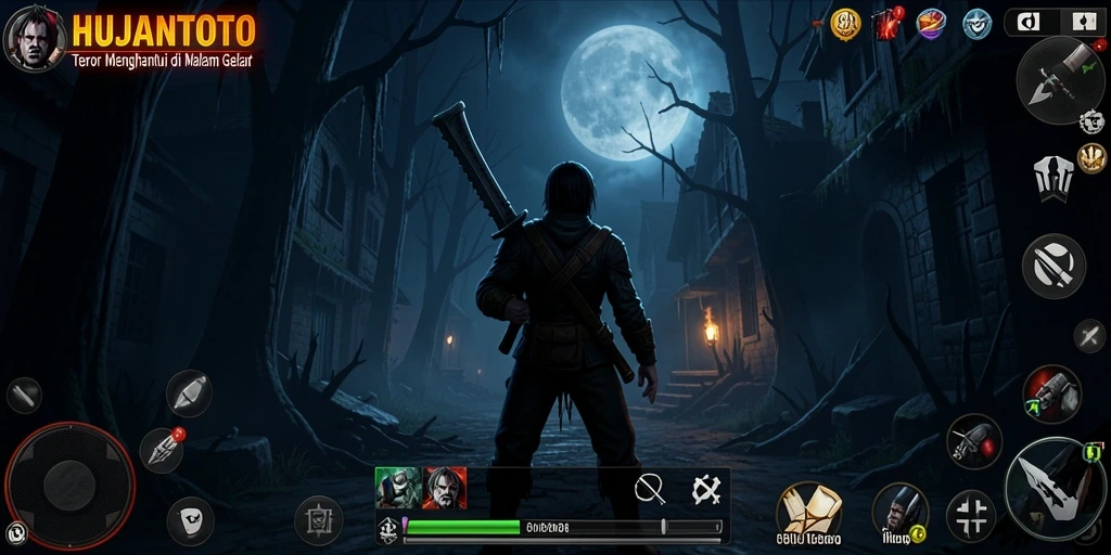 Screenshot HUJANTOTO menunjukkan pemain yang terjebak dalam kegelapan malam yang menakutkan.